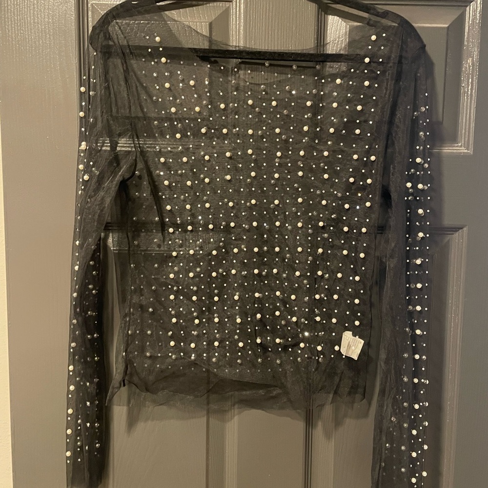 Elegant Black Sheer Top with Pearl Accents